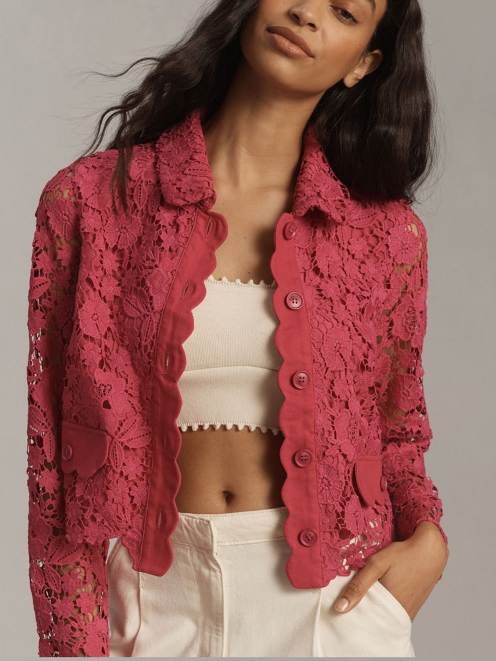 Anthropologie DOLAN Lace Lady Jacket Shirt Fuchsia Pink Scalloped Linen Medium